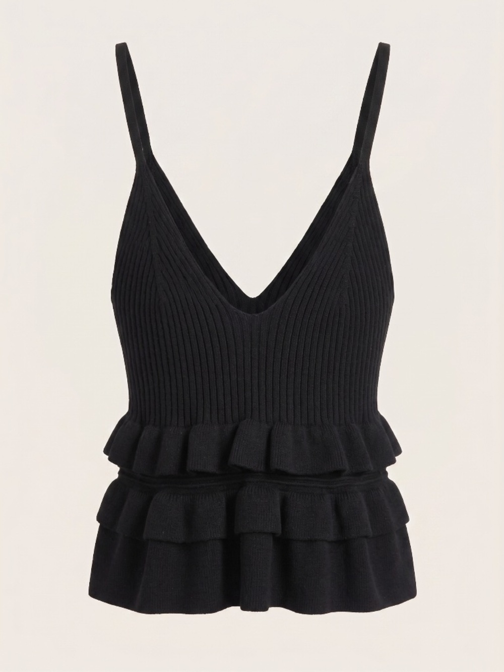 BCBGeneration Black Ribbed Knit Tiered Ruffle V-Neck Cami Top Size M